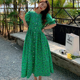 Znbbw Casual Vestidos Floral Dresses Ladies Short Sleeve Retro Print Long Dress Female 2023 M-4XL Loose Green Women Dress 15686