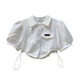 znbbw Style High Waist Shirts Women Puff Sleeve Crop Top Lace Up Design High-street Elegant Fashion Vintage Solid White Black