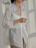 znbbw 2023 Summer Long Sleeve Chiffon White Shirt Women Transparent Button Sun Protection Ladies Blouse Beach Female Clothing