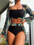 Znbbw Printed Tropical Flower Bikini Swimwear Sets Women High Waist 3 Peice Sets 2023 Fashion Sexy Summer Beach Bathing Suits