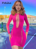 znbbw Sexy Bandage Cut Out Mini Dress Party Night Club Outfits For Women Long Sleeve Bodycon Dresses Vestido Clothes