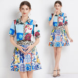 Znbbw Runway Blue And White Porcelain Printed Beach Set Women Flower Short Sleeve Print Tops + Mini Skirt 2 Piece Set N8427