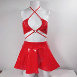 Znbbw Fetish Pvc Lingerie PU Leather Setup Ladies Skirt Underwear Red Set Woman 2 Pieces Cross Bra Sexy Outfits