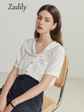 znbbw 2023 Summer French style Short Sleeve White Shirt Women Sailor Collar Solid Button Blouse Work Female Clothing Tops