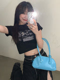 Znbbw Black Goth Harajuku Vintage Grunge Graphic Slim Short Crop Top Streetwear Sexy Summer Harajuku Y2K Punk Casual Women T-Shirt