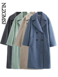 Znbbw TRAF Women 2023 Winter Gray Thick Woolen Coats With Button Loose Long Sleeves Pocket Ladies Elegant OverCoat 202310