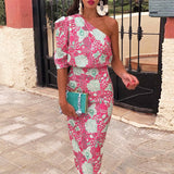 znbbw Women Sexy Backless Banquet Dress Spring Summer Fashion Print Lady Party Dress Elegant One Shoulder Puff Sleeve Slim Long Dress