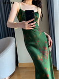 znbbw Women Spaghetti Strap Elegant Floral Printing Long Dress Summer Sleeveless Bodycon Slim Vintage Satin Vestidos Female Chic Robe