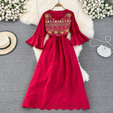 Znbbw Retro Round Neck Cotton Linen Embroidery Bell Sleeve Waist A-line Dress Elegant Holiday Big Swing Vestidos Women D1576