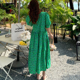 Znbbw Casual Vestidos Floral Dresses Ladies Short Sleeve Retro Print Long Dress Female 2023 M-4XL Loose Green Women Dress 15686