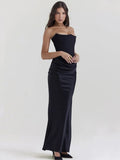 Znbbw Strapless Off Shoulder Bodycon Maxi Dress Women Fashion Pleated Satin Patchwork Long Robes Female Elegant Party Vestidos