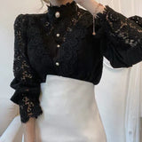 Znbbw Solid White Lace Blouse Shirts Women New Korean Button Loose Shirt Tops Female Hollow Casual Ladies Blouses Blusas 12928