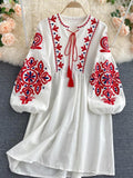 Znbbw Autumn Women's Retro Ethnic Embroidered Dress Lantern Sleeves Bohemian Holiday Dress Women GD678