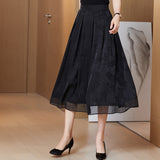 Znbbw Summer Fashion Jacquard Silk Skirts Women High Elastic Waist Pleated A-Line Long Skirt Female Casual Skirts Faldas Mujer