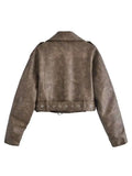 Znbbw TRAF Spring Short Women Slim Bandage Khaki Faux PU Leather Jacket Fashion Lapel Long Sleeve Outerwear Ladies Streetwear