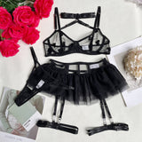 Znbbw Heart Decoration Lingerie Ruffle Garter Delicate Underwear 4-Piece Transparent Bra Sensual Intimate Erotic Outfits