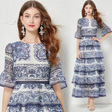 Znbbw New Summer Women Ruffles Cascading Dress Runway Flare Sleeve Blue and White Porcelain 5-Layer Cake Robe Vestidos
