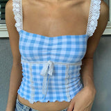 Znbbw Women Y2K Crop Top Cute Bow Lace Strap Camis Aesthetic Fairycore Vest Chic Retro Plaid Backless Milkmaid Tops 2000s Vintage