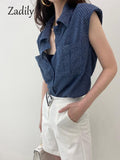 znbbw 2023 Summer Hole Denim Sleeveless Shirt Women Street Style Button Up Ladies Tops Casual Female Clothing Blouse