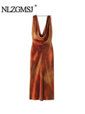 Znbbw TRAF Fashion Vintage Print Slim Dresses Women Elegant Folds V-Neck Sleeveless Summer Backless Midi Dress