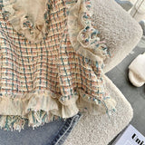 znbbw Tweed Vest Slim Crop Tops Autumn Colete Feminino V Neck Knitted Plaid Vest Sweater French Waistcoat Ruffled Blouse