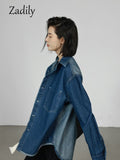 znbbw 2023 Spring Vintage Long Sleeve Women Denim Shirt Oversize Button Solid Color Patchwork Woman Blouse Female Clothing Tops