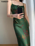 znbbw Women Spaghetti Strap Elegant Floral Printing Long Dress Summer Sleeveless Bodycon Slim Vintage Satin Vestidos Female Chic Robe