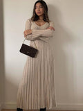 znbbw Casual V-neck Women Knitted Maxi Dress Autumn Elegant Ribbed Long Sleeve Bodycon Dress Ladies Fashion Streetwear Dresses