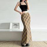 Znbbw Retro Plaid Print Mesh Long Skirts Y2K Vintage 90s Low Waist Double Layer Straight Midi Skirt Korean Fashion Clothes