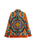 Znbbw TRAF Women 2023 Fashion Summer Printing Satin Texture Blouses Vintage Long Sleeve Button-up Female Shirts Chic Tops