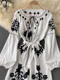 Znbbw New Spring Autumn Women's Embroidered Dress V-neck Tie Split Retro Indie Folk Style Holiday Beach Long Dress Women GD679