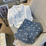 znbbw Women High Quality Summer 2-piece Set O-Neck Black Short Sleeve Knit Tops+Blue Printed Denim Mini Skirt Suit Female Outfits