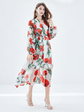 Znbbw Summer Runway Rose Flower Print Maxi Dress Women's V-Neck Long Sleeve Lace Up Belt Big Swing Slim Chiffon Dress N525