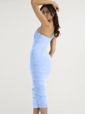 Znbbw High Quality Mesh One Shoulder Backless Midi Dress For Women Fashion Hollow Out Sleeveless Ruched Long Dress Vestido