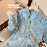 znbbw Women Fashion A-line Mini Denim Dress Summer Single-Breasted Short Puff Sleeve Turn-down Collar Floral Split Jean Dresses Female