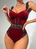 Znbbw Velvet Bodysuit Lace Patchwork Luxury Women's Body One-Piece Crotchless Teddy Fitness Ruffle Sexy Sissy Winter Tops