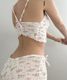 znbbw Floral Print Tank Crop Tops & Shorts Retro Aesthetics Fairycore Grunge Y2K 2 Piece Set Chic Women Homewear Clothes Tee 912