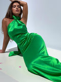 Znbbw Elegant Satin Backless Maxi Dress Women Gown Summer Halter Sleeveless Backless Bodycon Long Club Party Dress Vestido