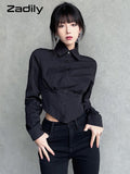 znbbw 2023 Autumn Y2K Sexy Long Sleeve Folds Women Shirt Street Gothic Button Ladies Crop Top Club Female Clothing Blouse Tops