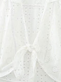 Znbbw TRAF Spring Summer Blouse Women White Casual Temperament All-match Embroidery Hollow Knot Shirt Women