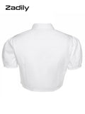 znbbw Sexy White Shirt Women Stand Neck Button Short Sleeve Slim Crop Blouse 2023 Summer New Party Y2k Female Clothing Tops