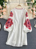 Znbbw Autumn Women's Retro Ethnic Embroidered Dress Lantern Sleeves Bohemian Holiday Dress Women GD678