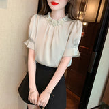 Znbbw New Summer Beading Chiffon Blouse Shirt Women Tops Blusas Mujer De Moda 2023 Verano Short Sleeve Blouse Women Blusa G698