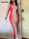 Znbbw Women Fashion Sleeveless Striped Printed Bodycon Pencil Red Long Dress Streetwear 2023 Summer Clothes Wholesale Items