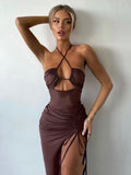 znbbw Hot Summer Sexy Halter Backless Sleeveless Cut Out Maxi Dress For Women Elegant Party Club Party Slit Dresses Vestido