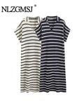 Znbbw TRAF 2023 France Knitting Striped Contrast V Neck Long Sleeve Dress Women Elegant Single-breasted Slim Long Dress