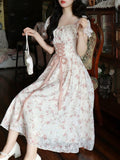 znbbw Korean Fashion Lace Fairy Dress Women Square Collar Princess Kawaii Floral Print Dress Female Bandage Sweet Dress 2023