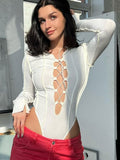 Znbbw Knitted Long Sleeve Tie Up Sexy Bodysuit Bandage Patchwork Bodycon Club Party Body Women Outfit High Waist Top