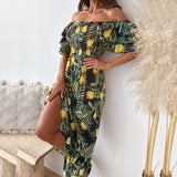 znbbw Women Slim Maxi Beach Dresses Summer Holiday Retro Print Slash Neck Party Dress Fashion Boho Floral Big Backless Sexy Long Dress