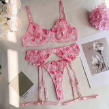 Znbbw Fancy Lingerie Floral Embroidery Underwear 3-Piece Luxury Lace Garter Brief Sets Bra And Panty Sexy Outfit Intimate